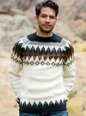 Fair Isle Round Neck Alpaca Sweater for Men