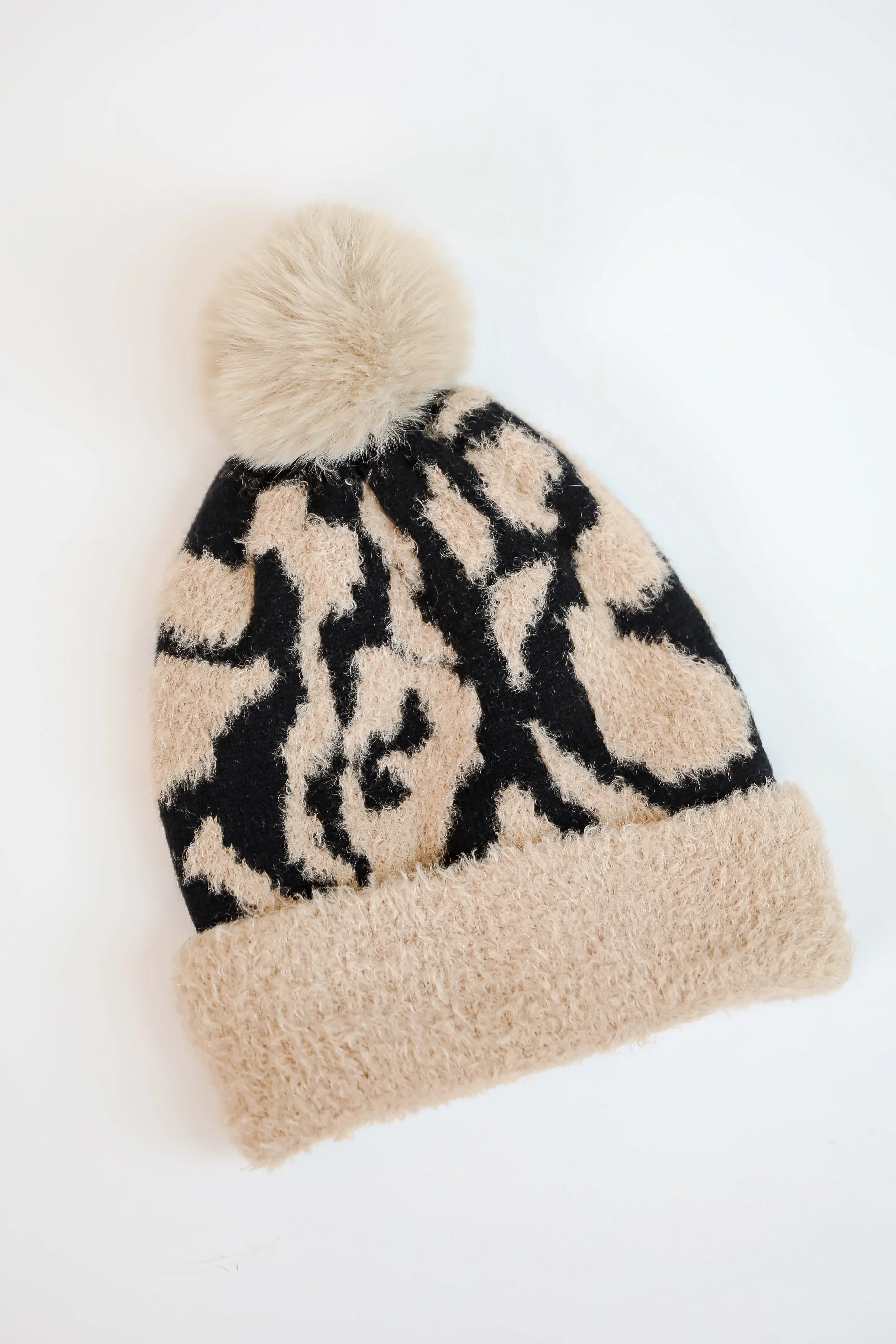 Fierce And Cozy Beige Leopard Pom Pom Beanie