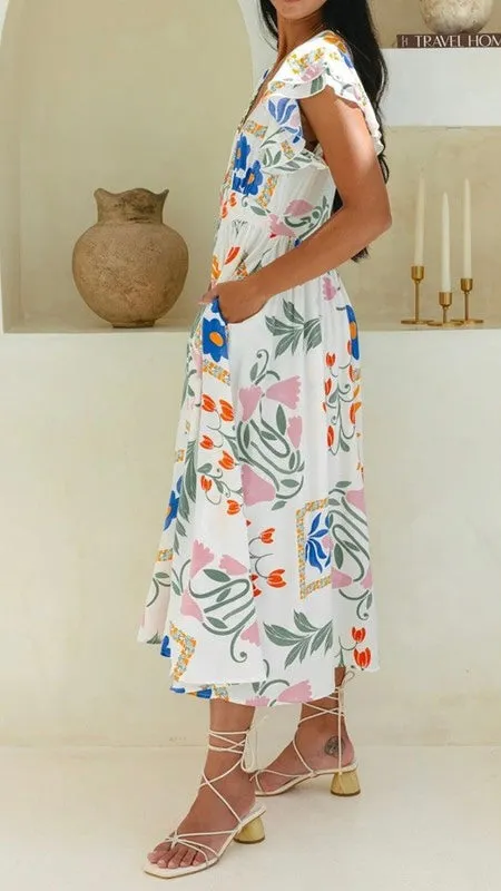 Floral Ruffle Sleeve V-Neck Midi Dress