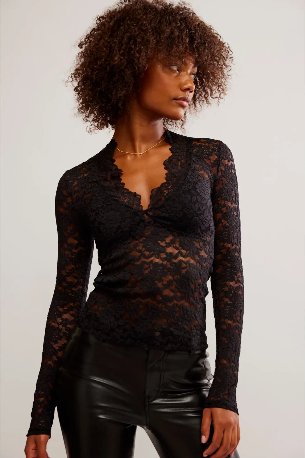 Free People All Day Lace Long Sleeve - Black