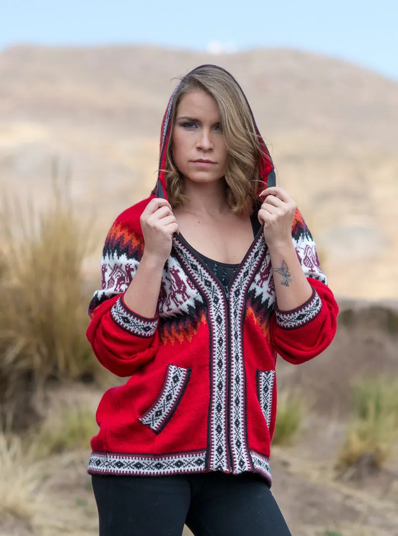 Gamboa Women Alpaca Sweater Red with Zipper and Hood