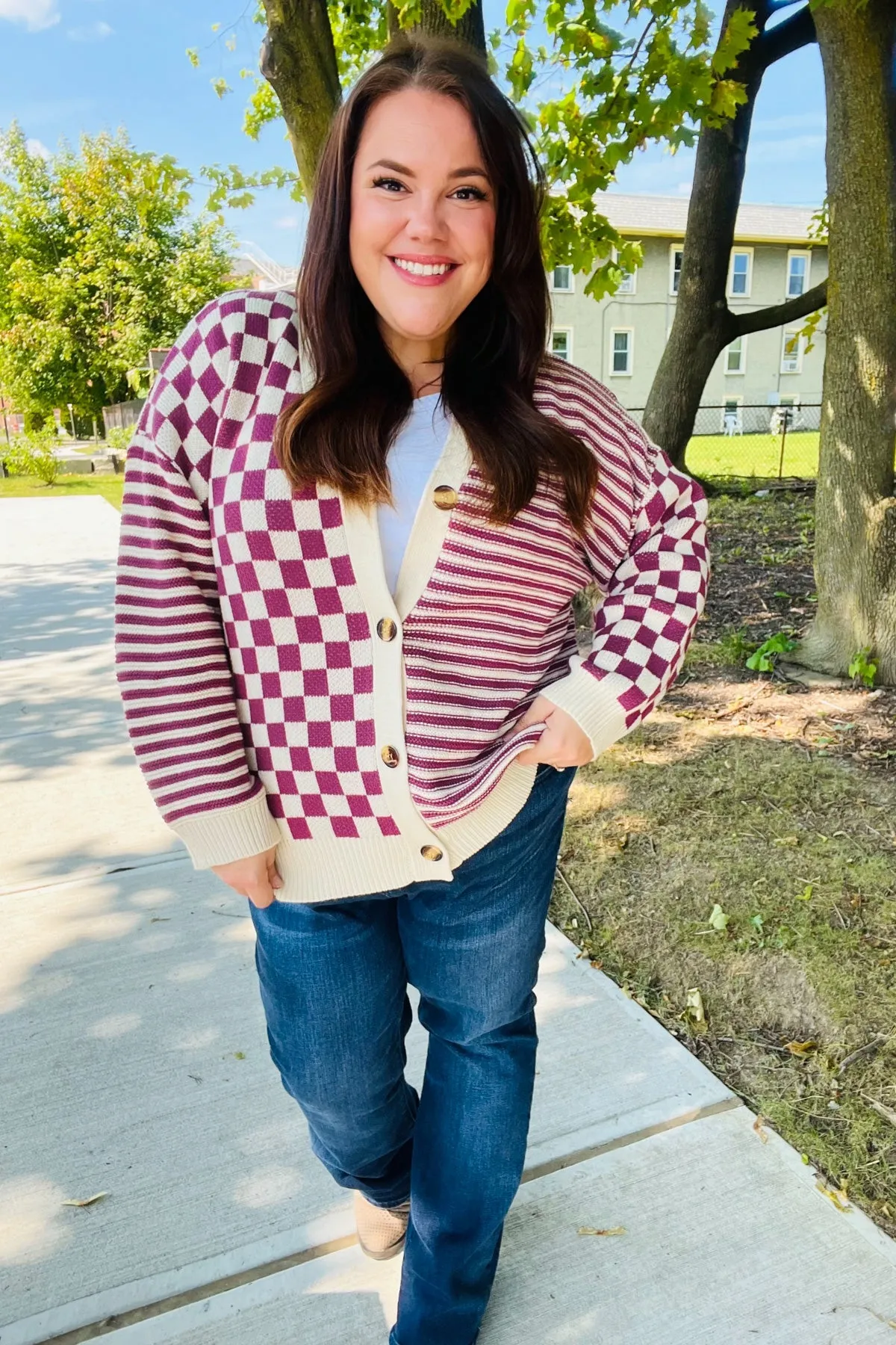 Magenta Checkered & Striped Button Down Cardigan