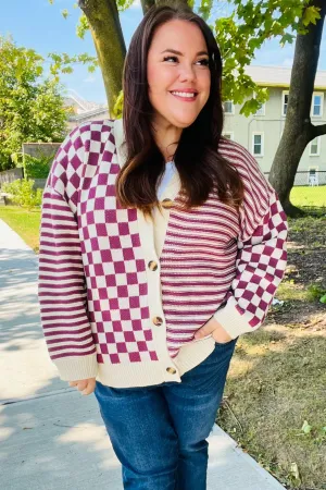 Magenta Checkered & Striped Button Down Cardigan