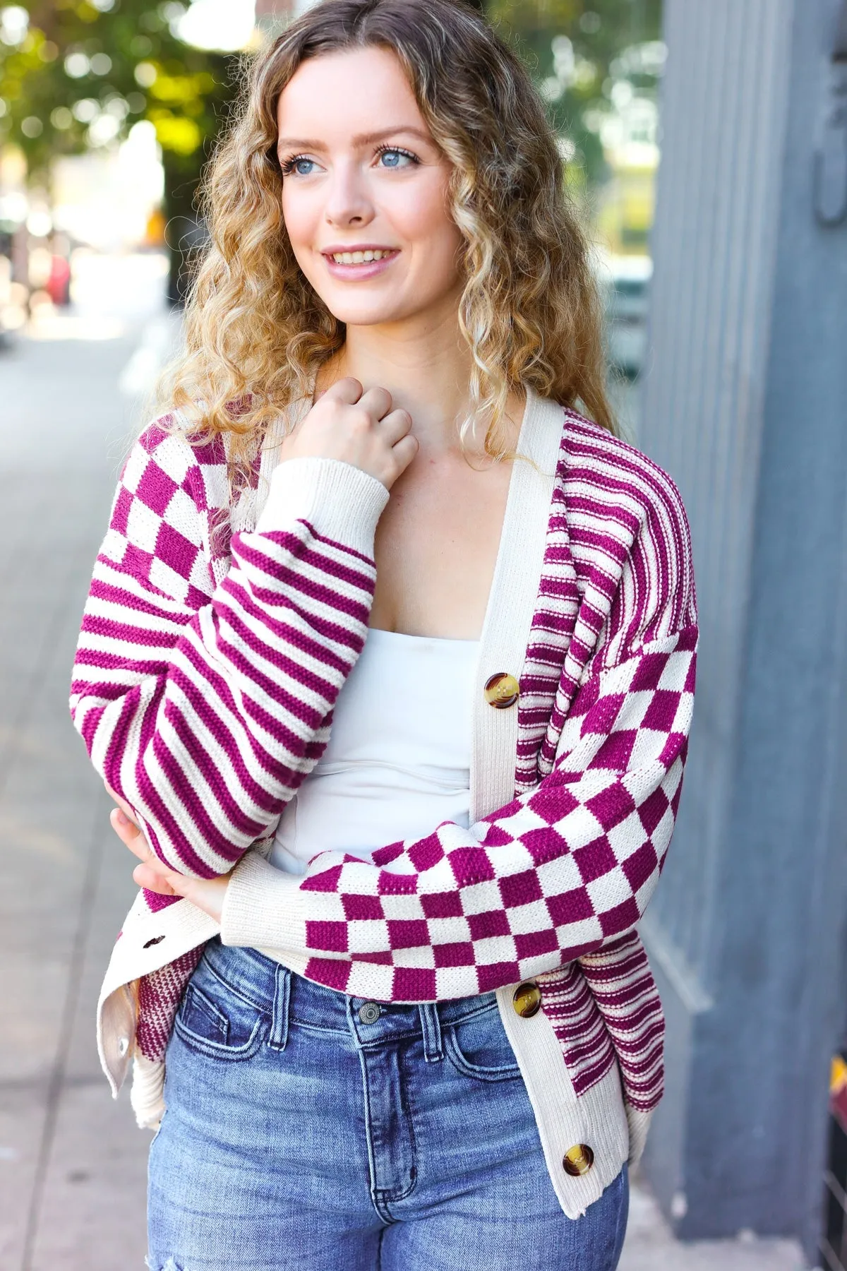 Magenta Checkered & Striped Button Down Cardigan