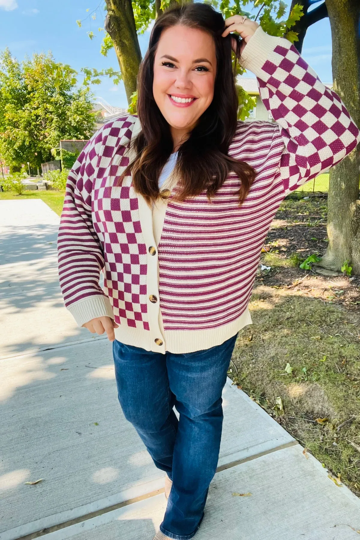 Magenta Checkered & Striped Button Down Cardigan