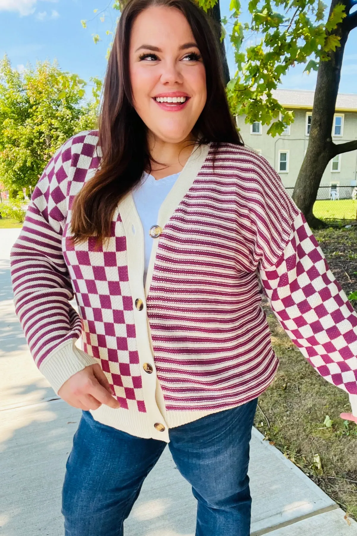 Magenta Checkered & Striped Button Down Cardigan