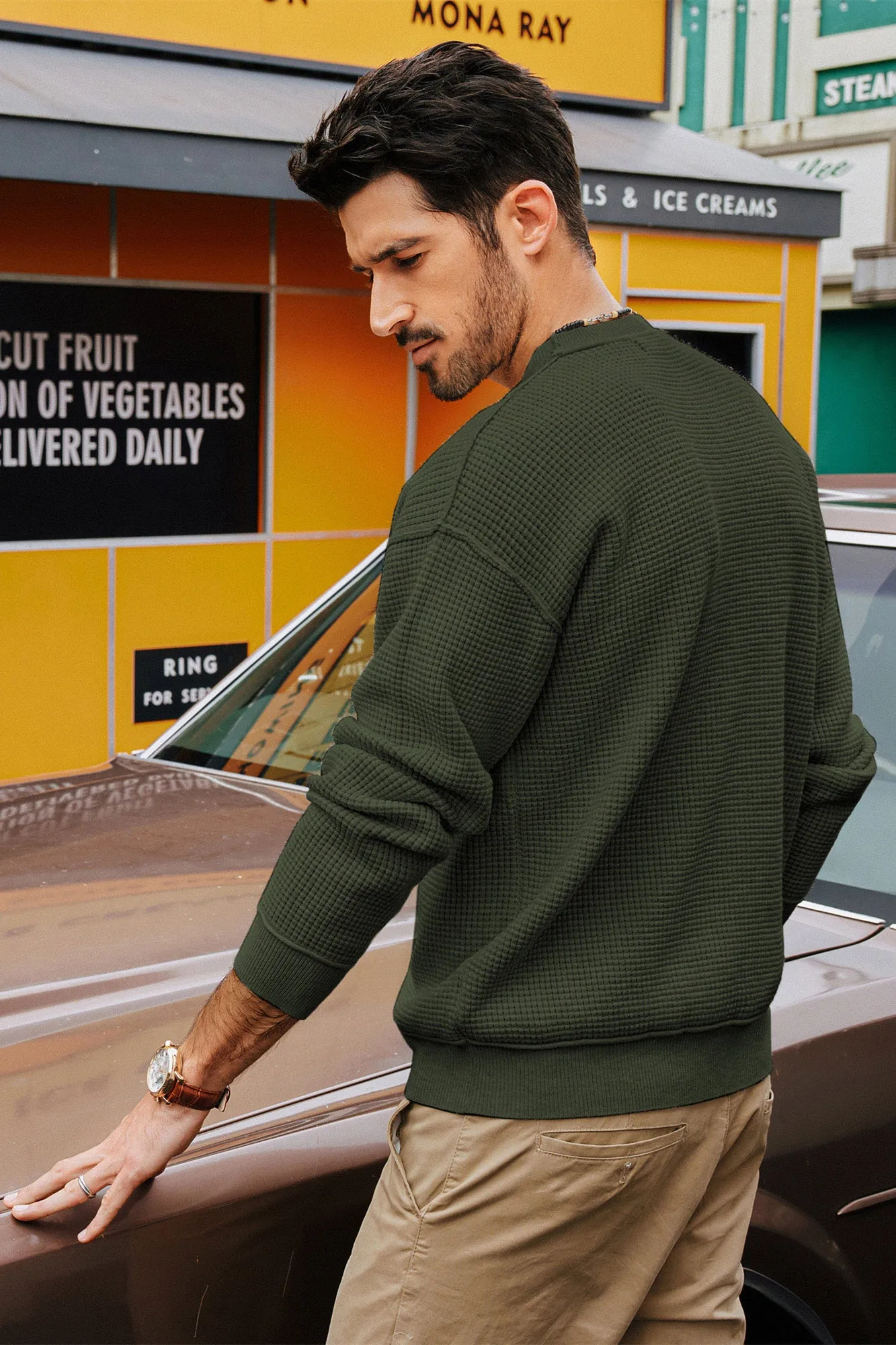 Men Waffle Textured Sweater Long Sleeve Crew Neck Dropped Shoulder Pullover