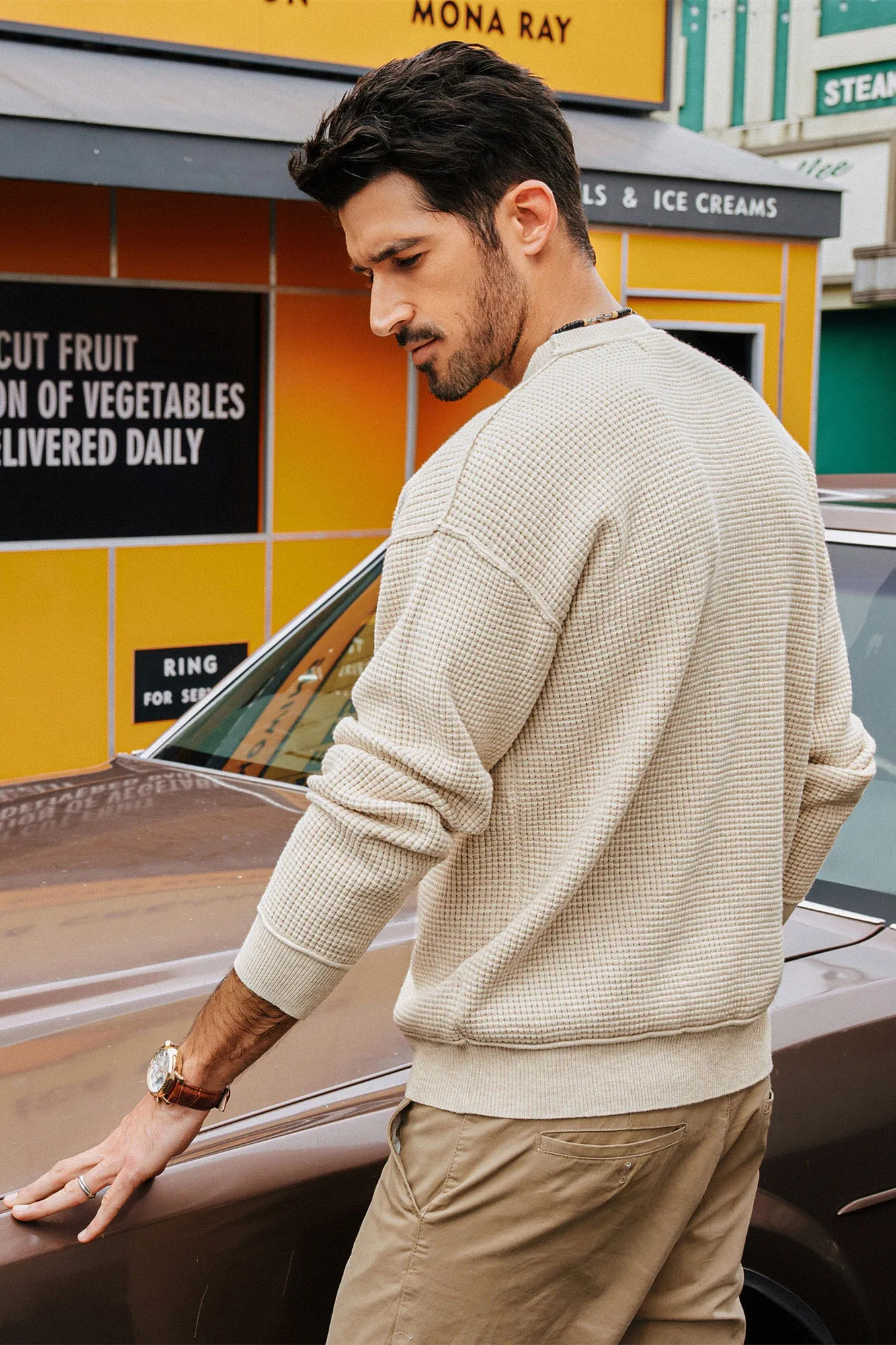 Men Waffle Textured Sweater Long Sleeve Crew Neck Dropped Shoulder Pullover