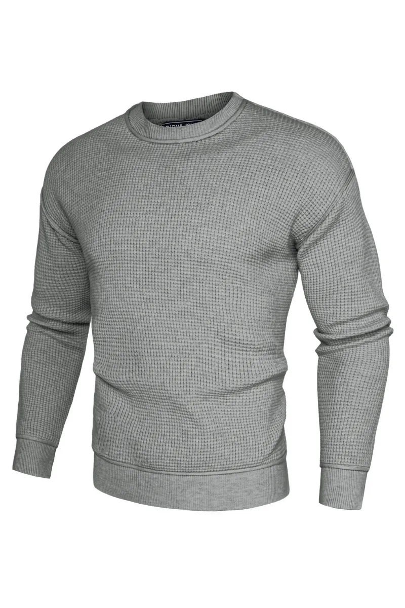 Men Waffle Textured Sweater Long Sleeve Crew Neck Dropped Shoulder Pullover