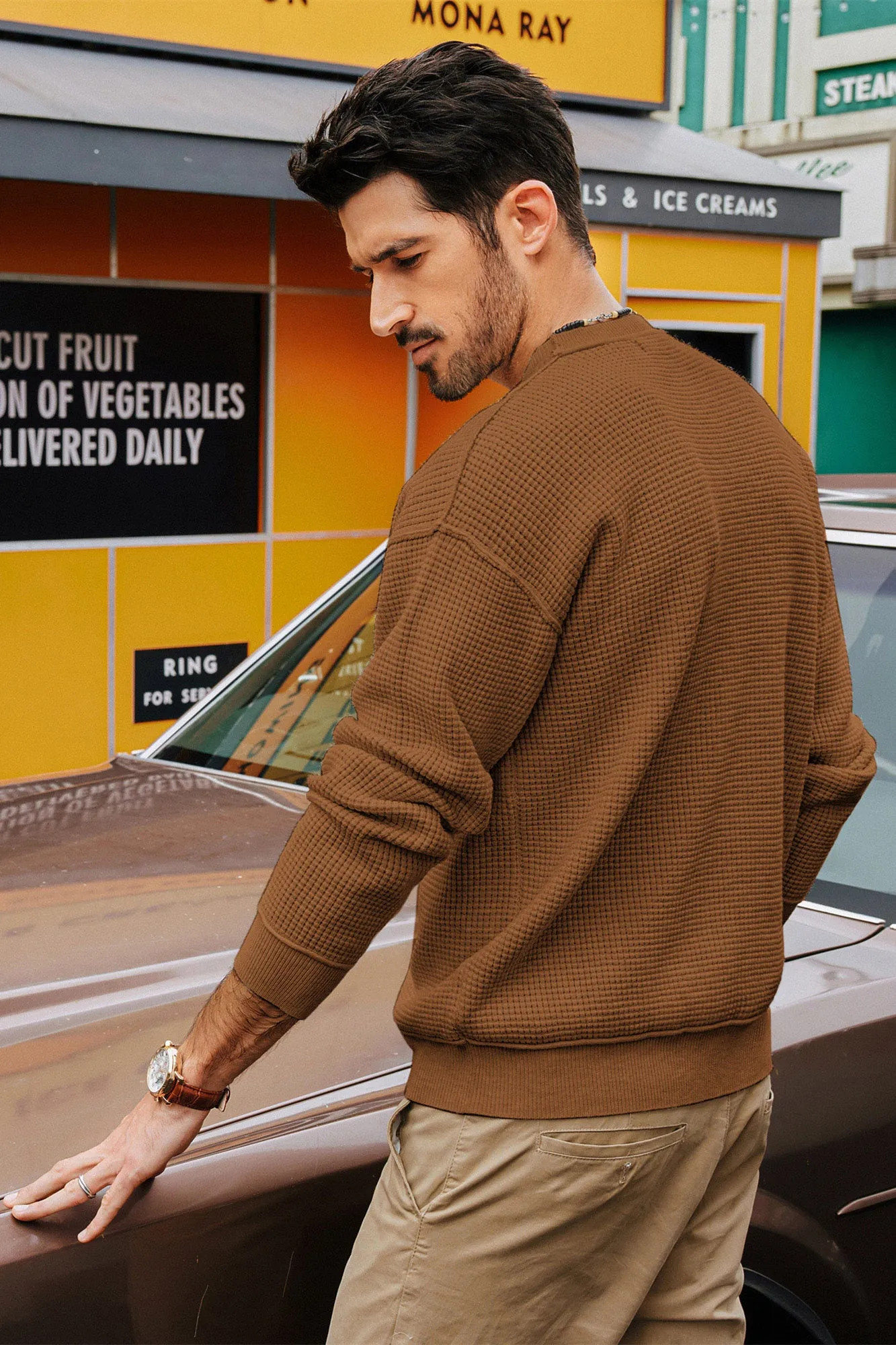 Men Waffle Textured Sweater Long Sleeve Crew Neck Dropped Shoulder Pullover