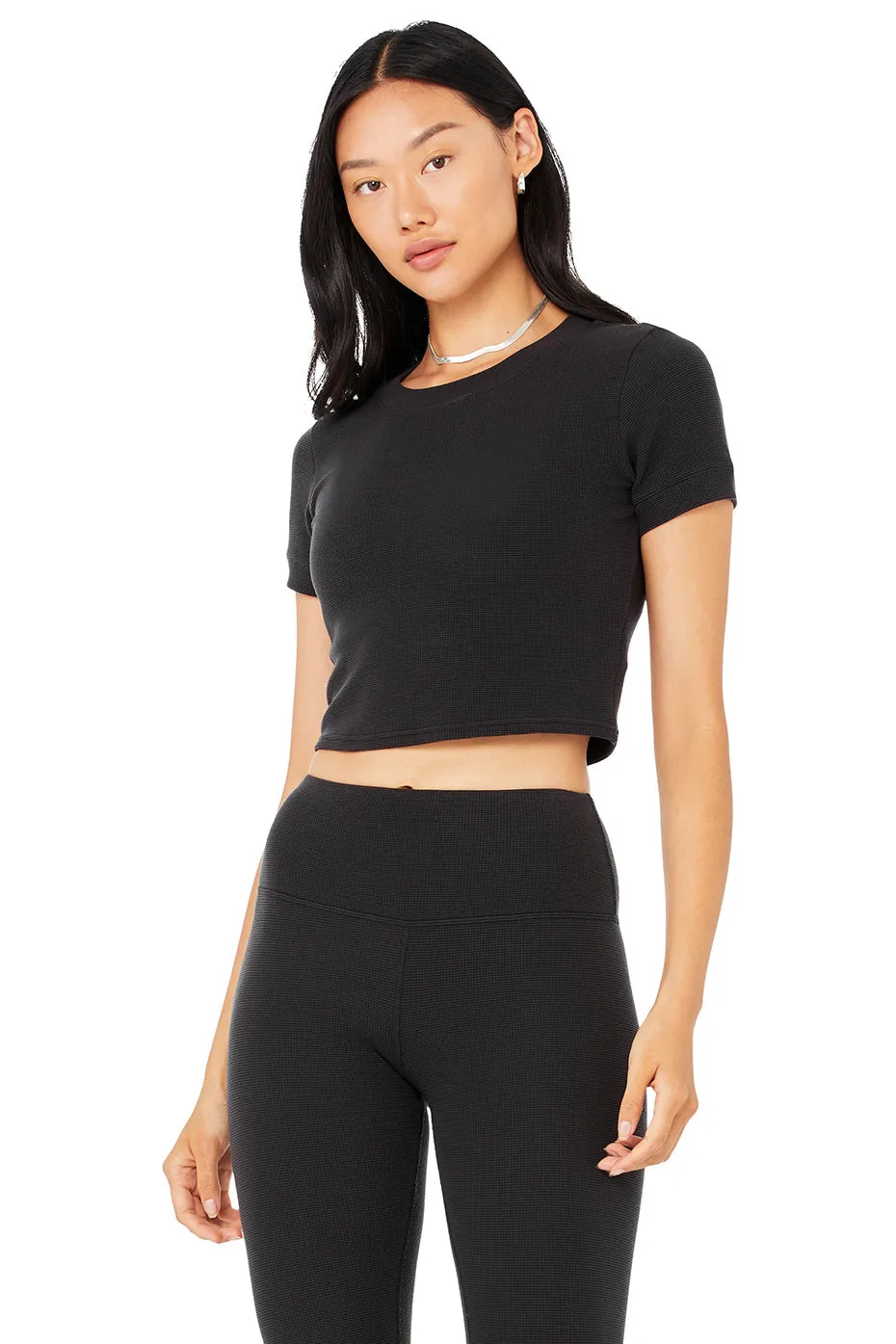 Micro Waffle Sierra Short Sleeve Top - Black