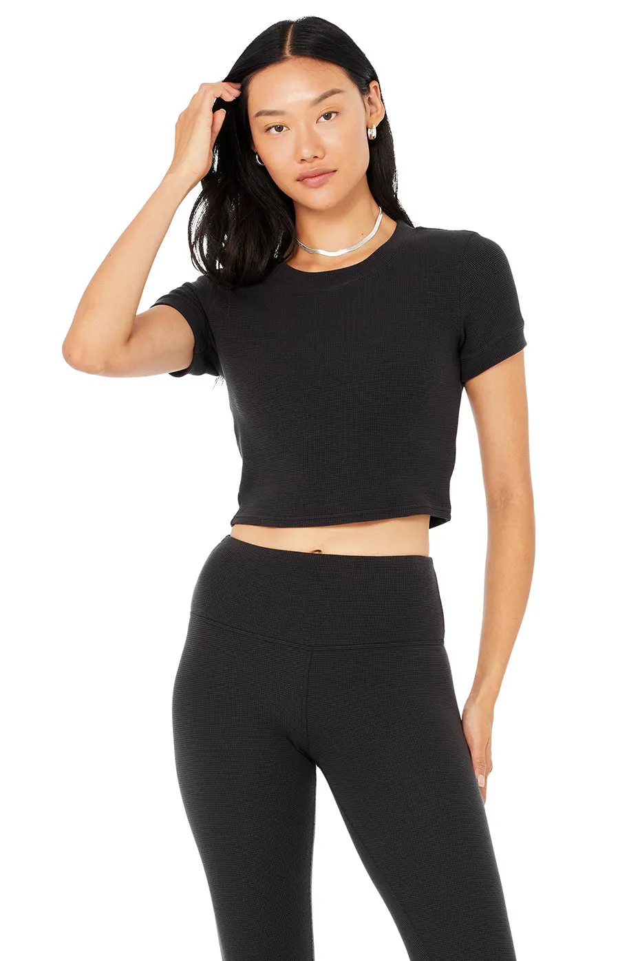 Micro Waffle Sierra Short Sleeve Top - Black