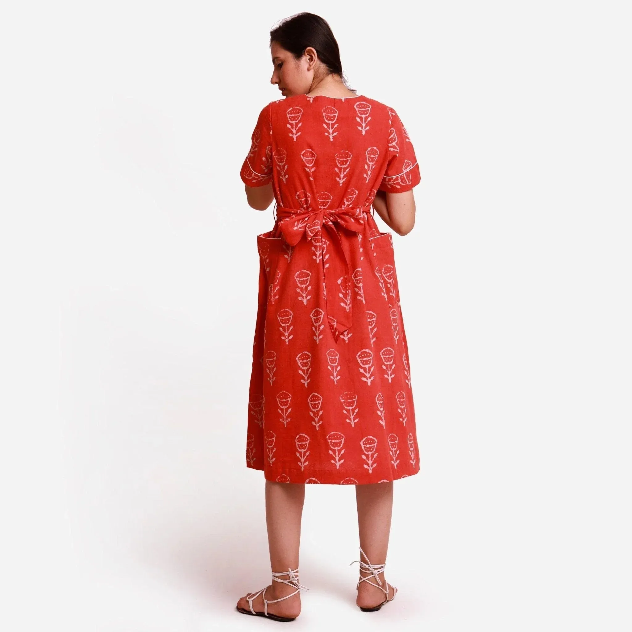 Orange Dabu Block Printed Cotton Midi Dress