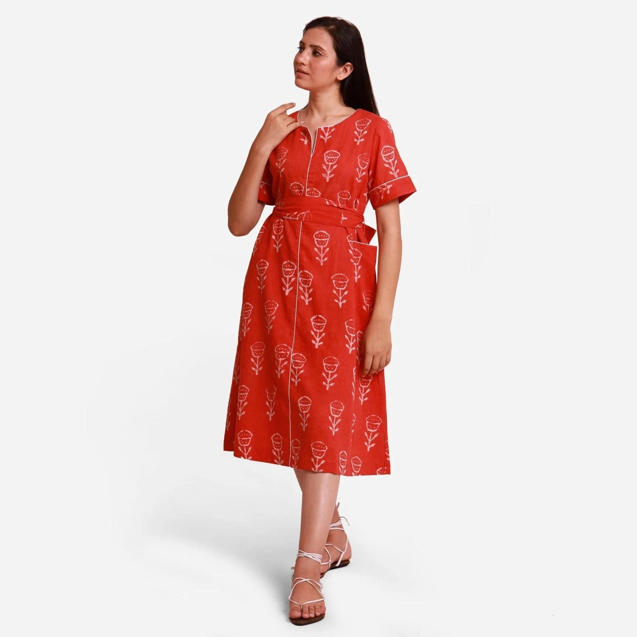 Orange Dabu Block Printed Cotton Midi Dress