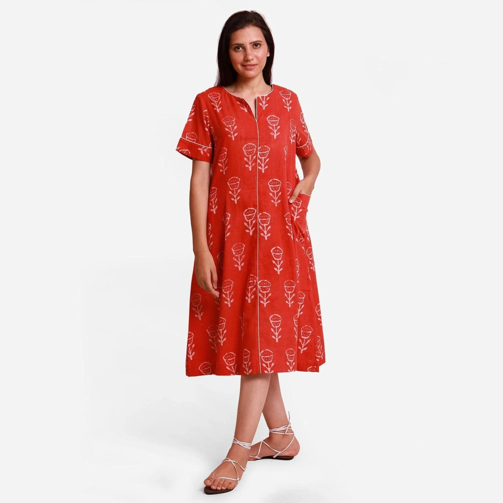 Orange Dabu Block Printed Cotton Midi Dress