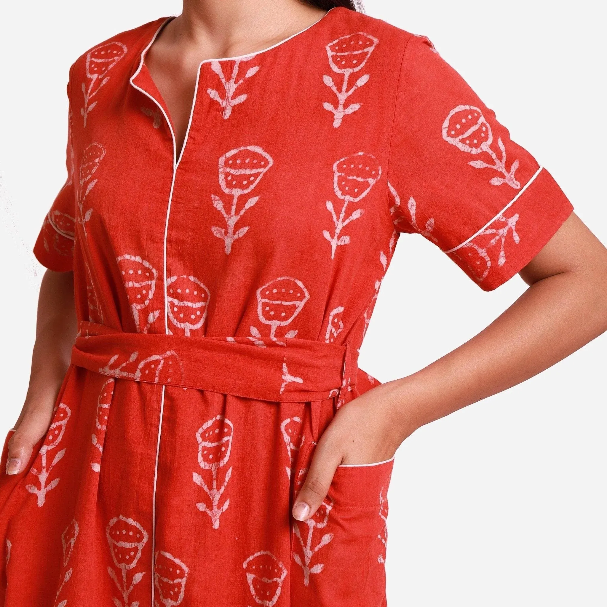 Orange Dabu Block Printed Cotton Midi Dress