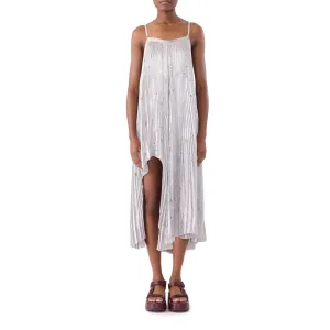 PLEATED CRINKLED SATIN SLIP DRESS WITH LASER CUT HEM