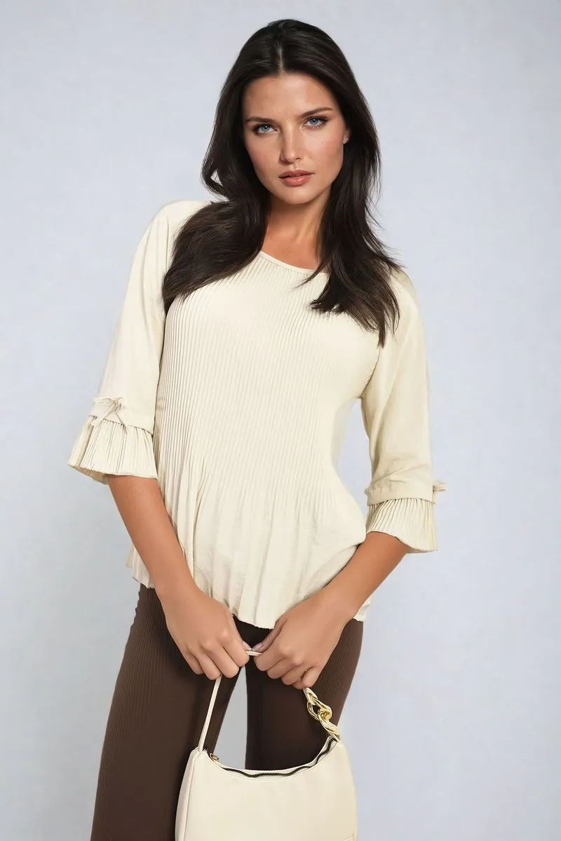 Plisse Pleated Short Bow Sleeve Top