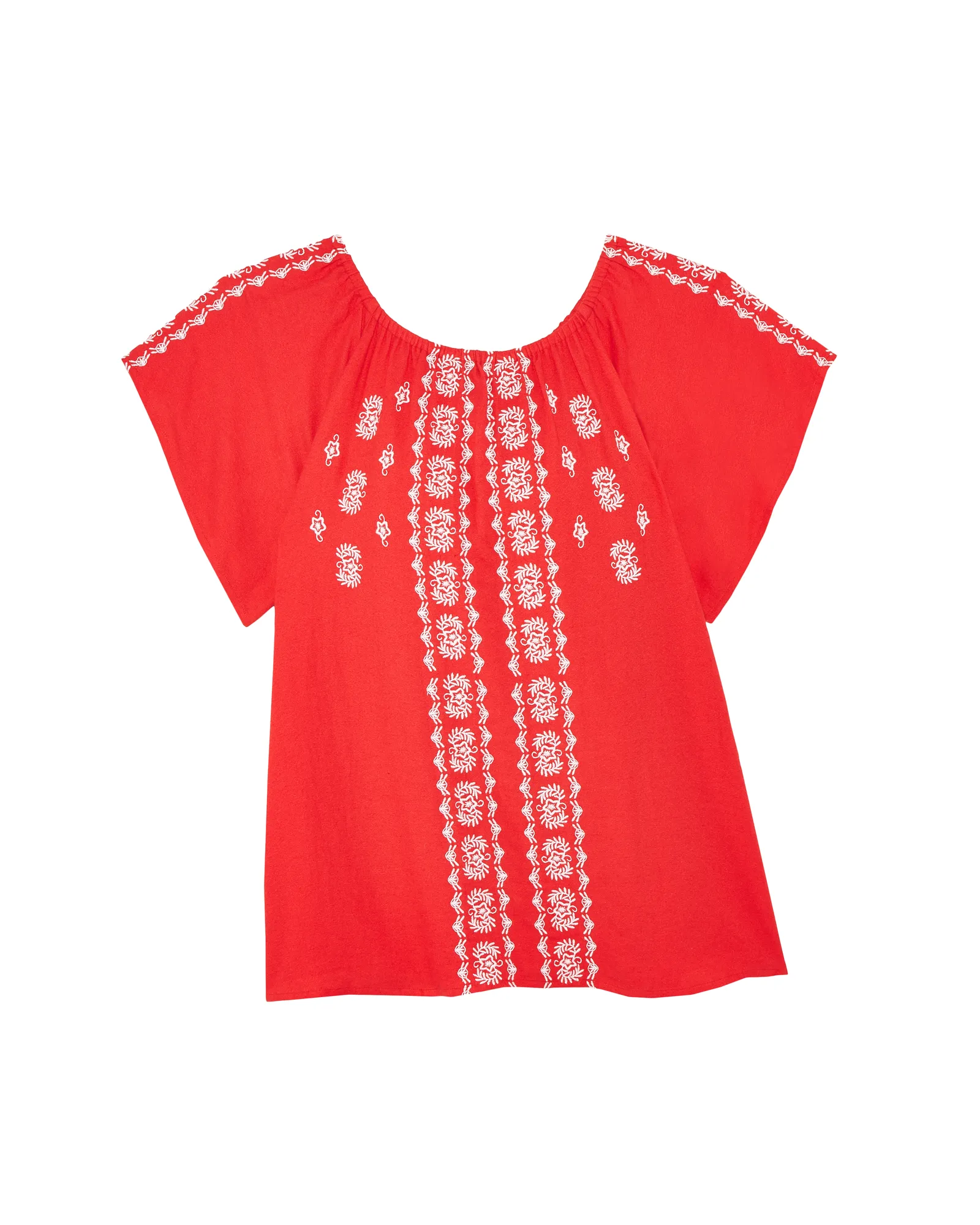 Priya Short Flutter Sleeve Woven Embroidered Blouse | Red / White