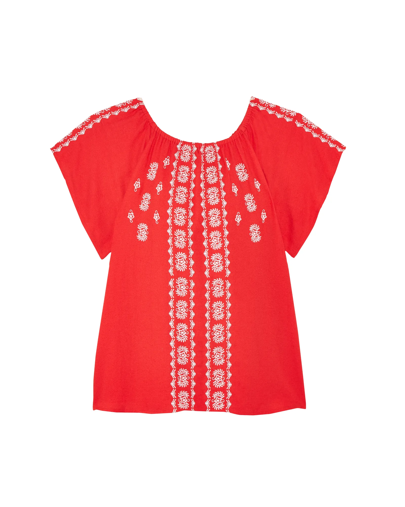 Priya Short Flutter Sleeve Woven Embroidered Blouse | Red / White