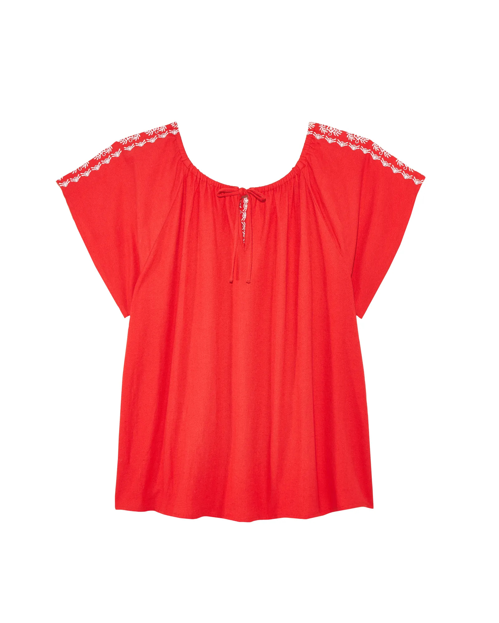 Priya Short Flutter Sleeve Woven Embroidered Blouse | Red / White