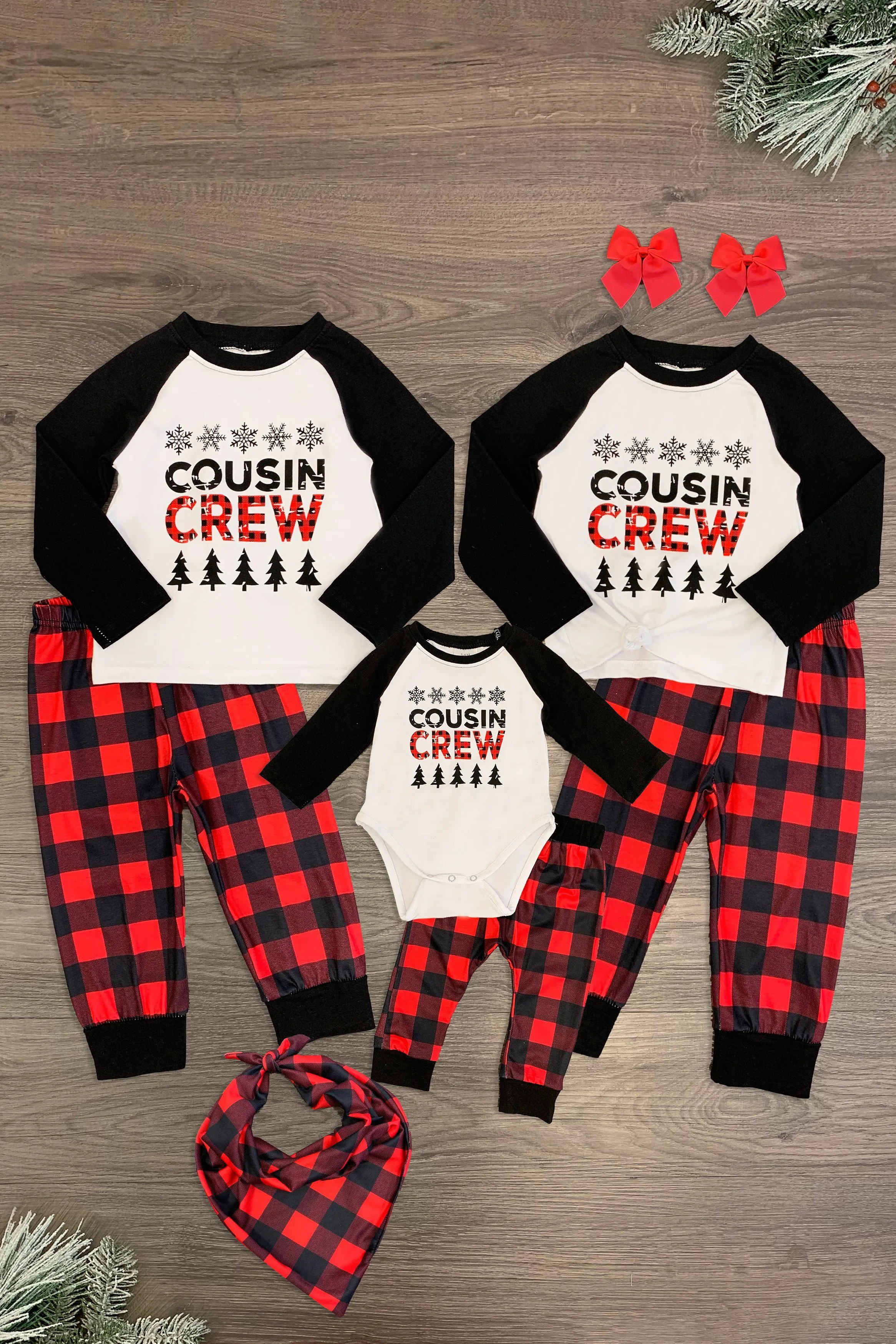 "Cousin Crew" White & Buffalo Plaid Pajamas - AND PET BANDANA!