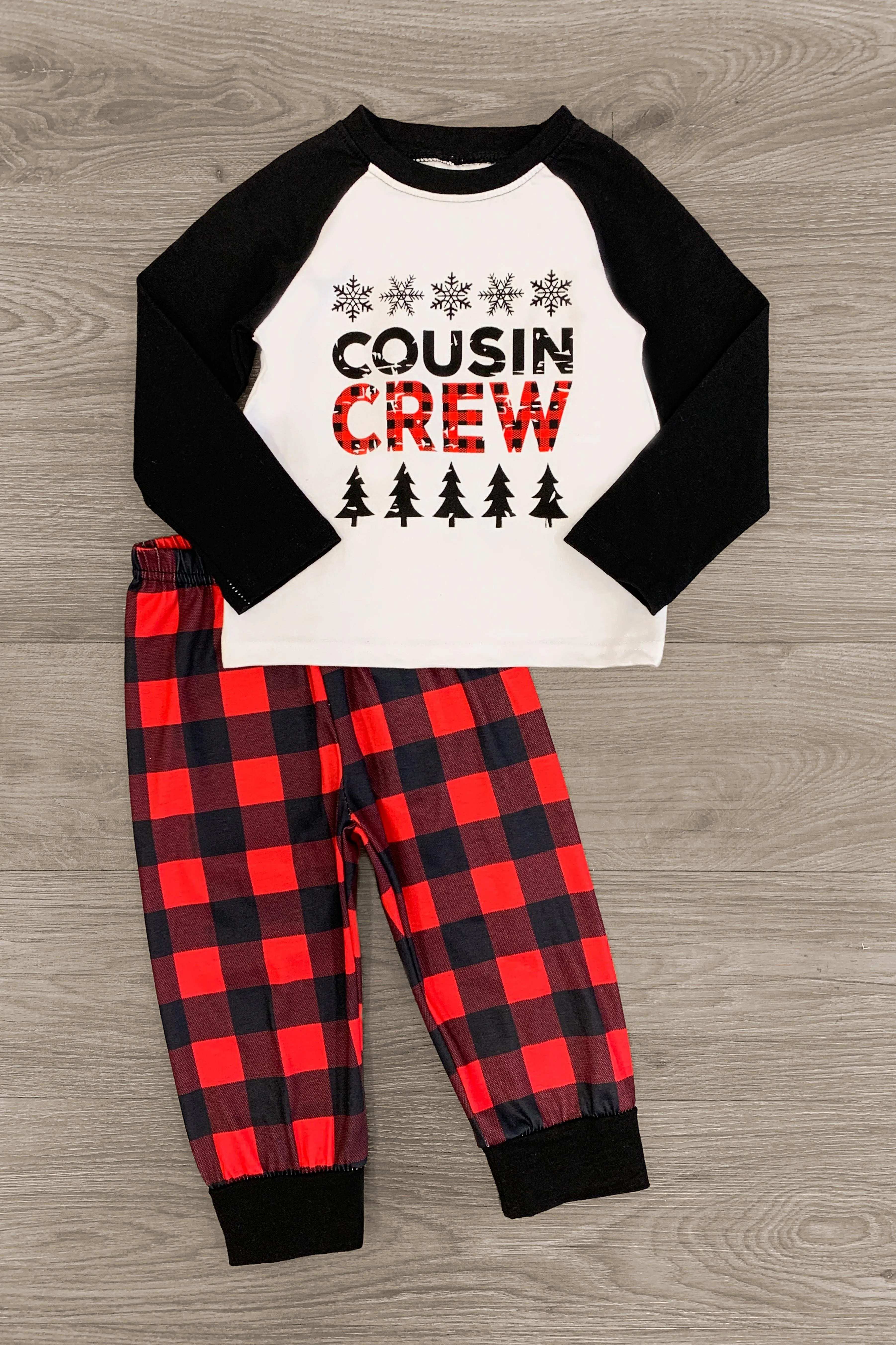 "Cousin Crew" White & Buffalo Plaid Pajamas - AND PET BANDANA!