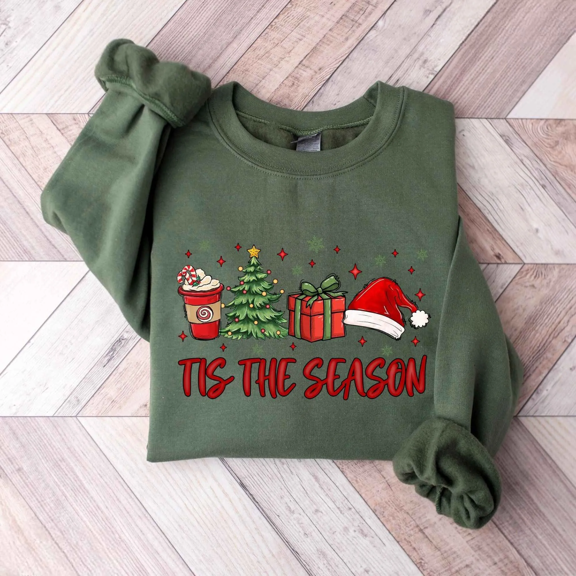 "Tis the Season" Christmas Sweatshirt – Festive Holiday Icons, Customizable Colors