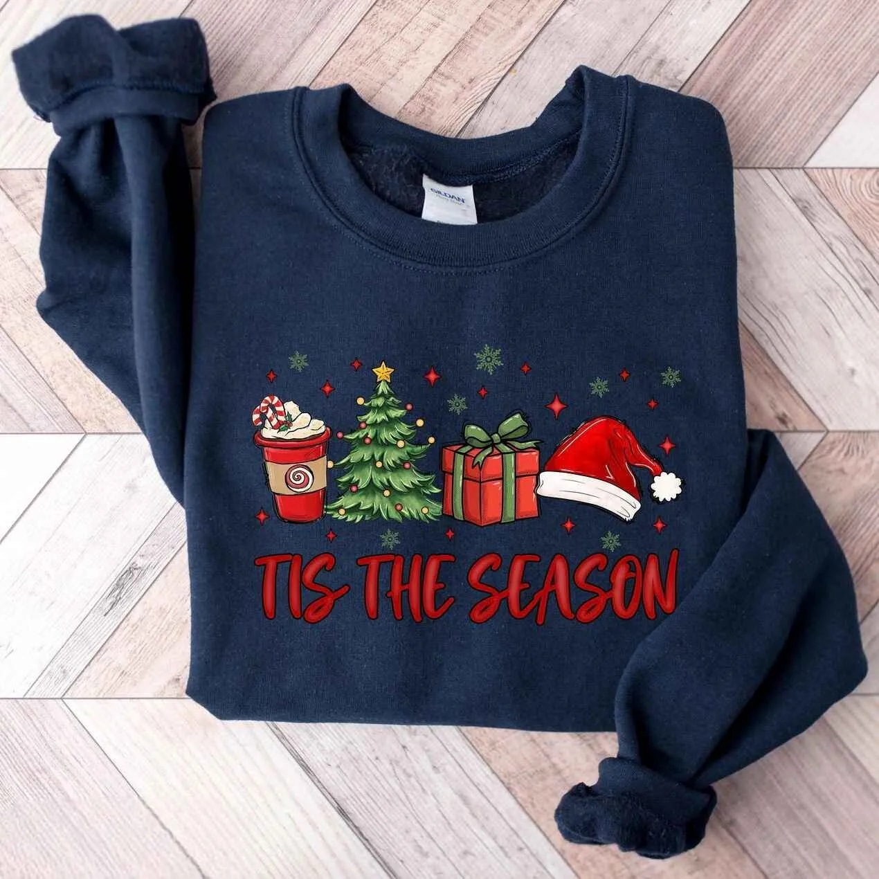 "Tis the Season" Christmas Sweatshirt – Festive Holiday Icons, Customizable Colors