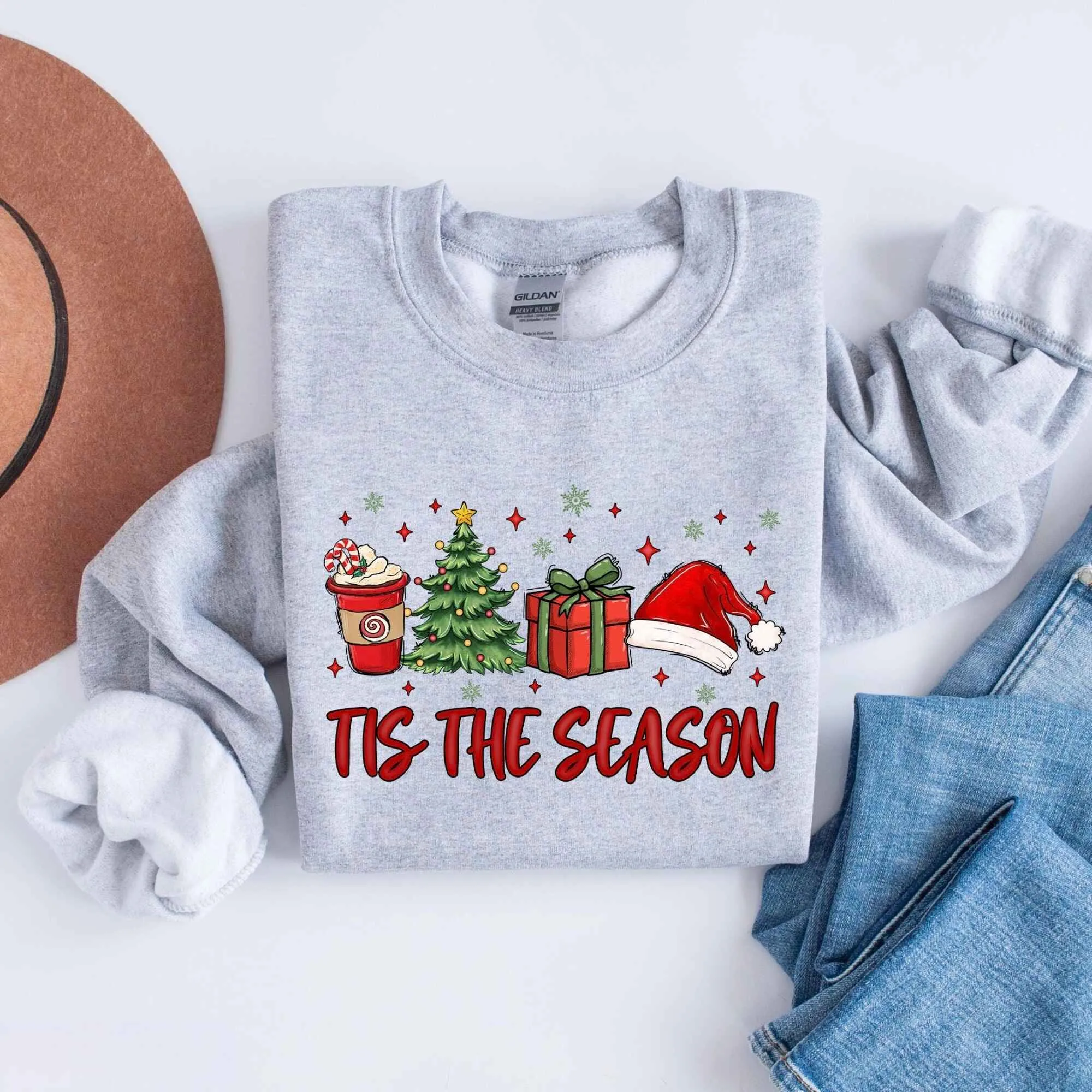 "Tis the Season" Christmas Sweatshirt – Festive Holiday Icons, Customizable Colors