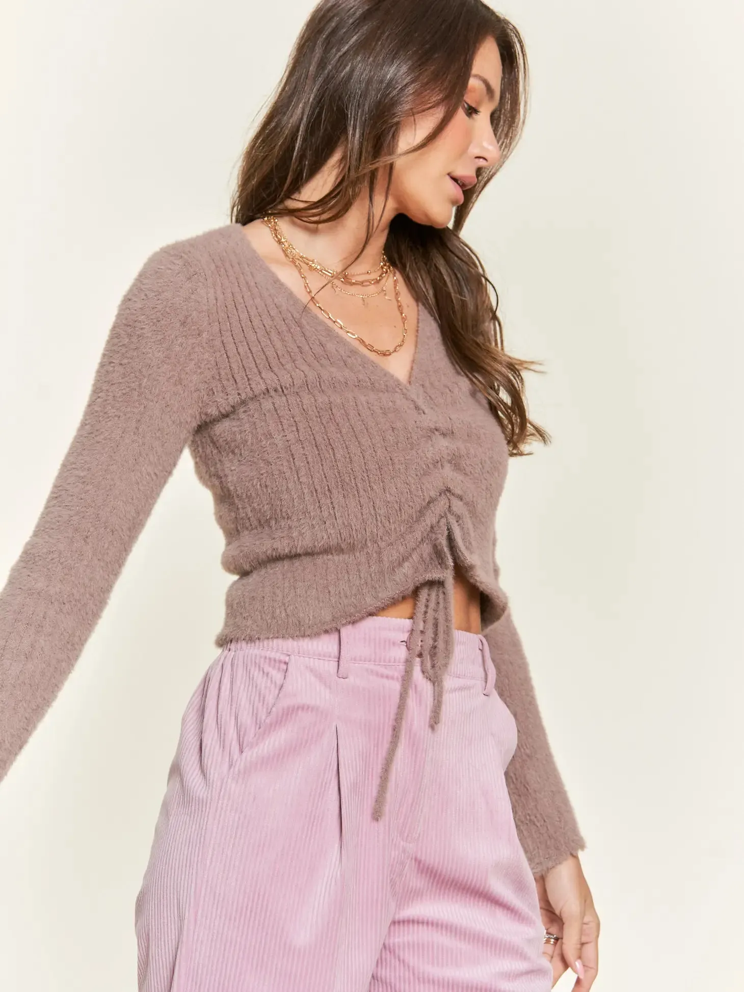 Rory Long Sleeve Ruched Sweater Mocha