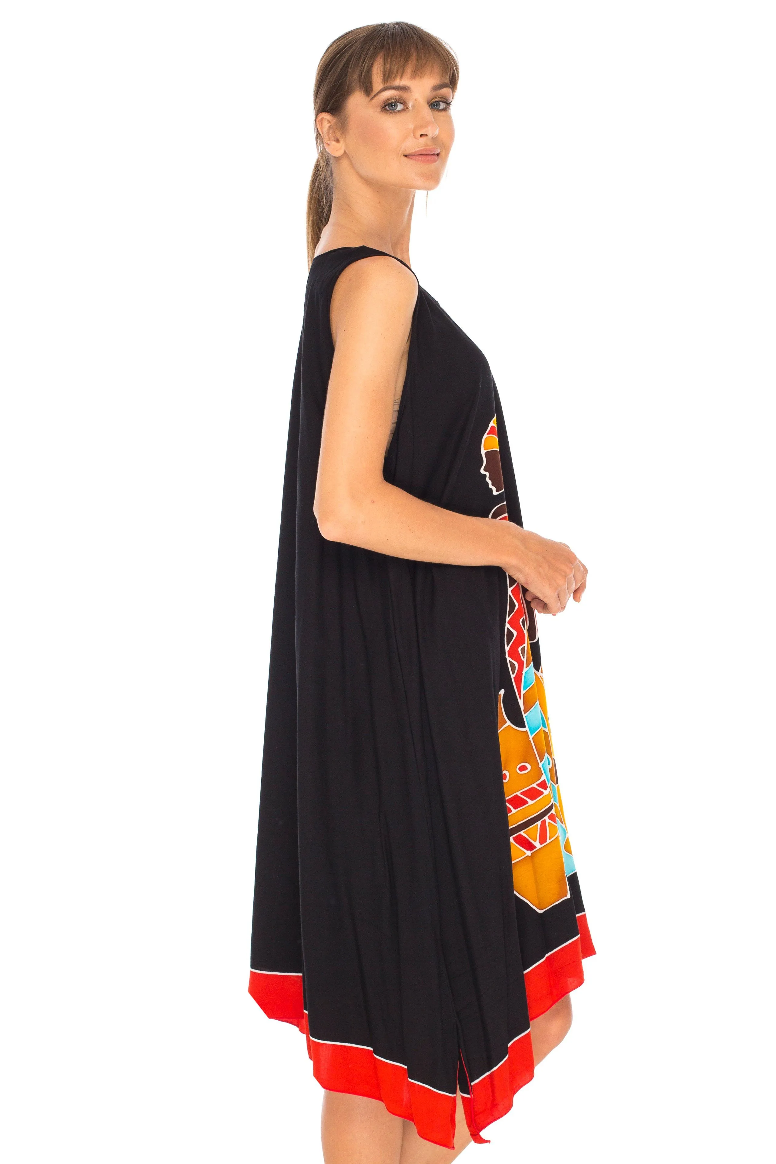 SHU-SHI Women's Poncho Dress | Hand Painted Tribal Design Beach Cover Up  Plus Size Short Swing Dress