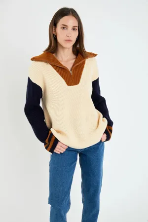 Stripe Knitted Half Zip up Sweater (Beige Multi)