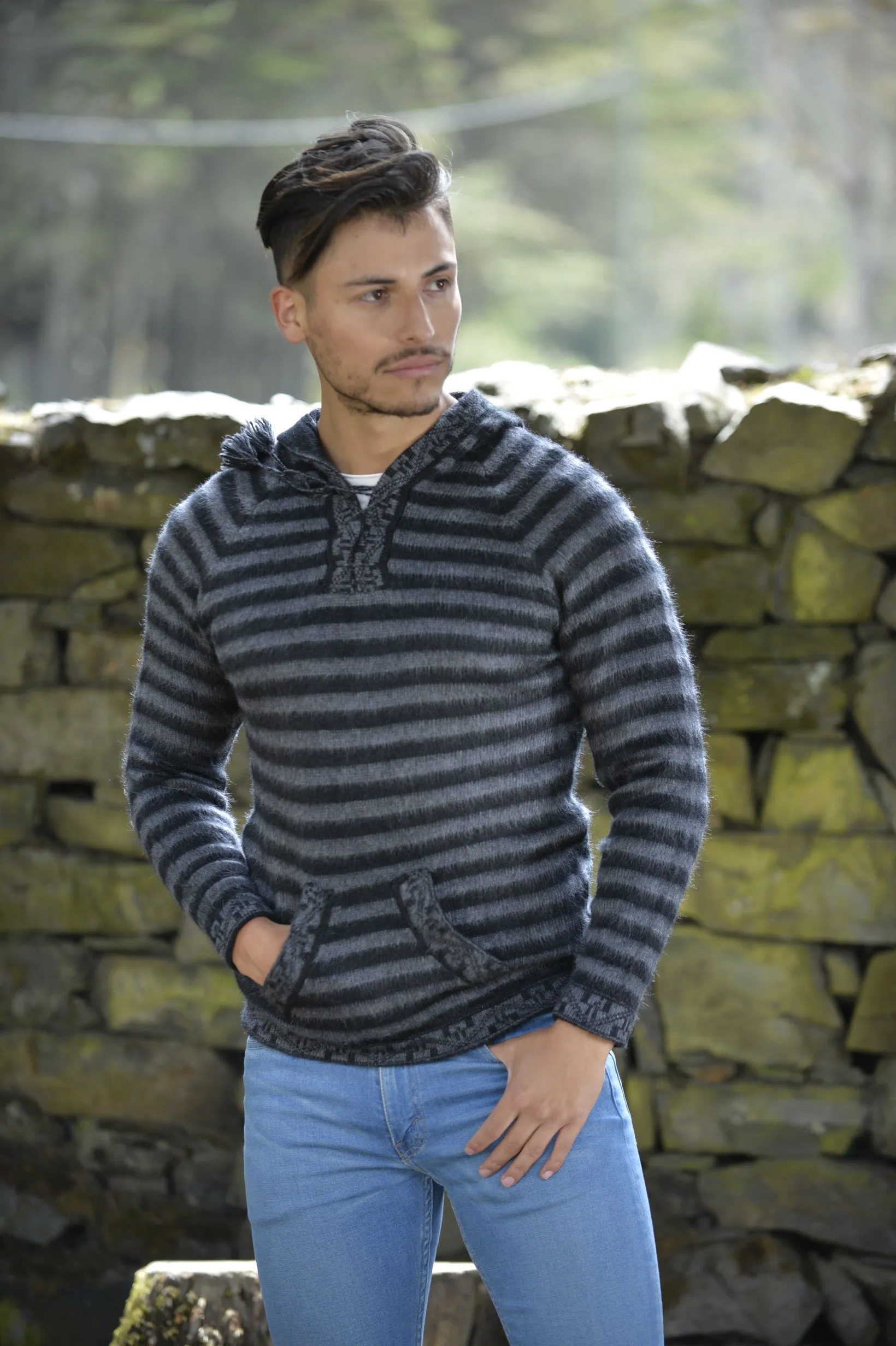 Striped Black and Gray Alpaca Sweater for Men