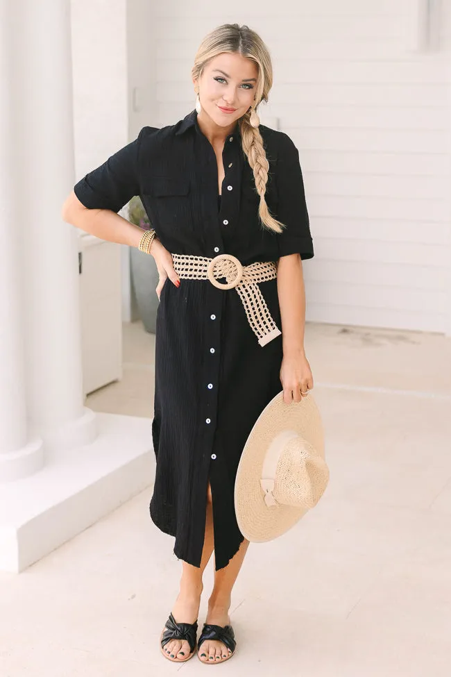 Time Heals Black Gauze Button Up Cover Up Dress