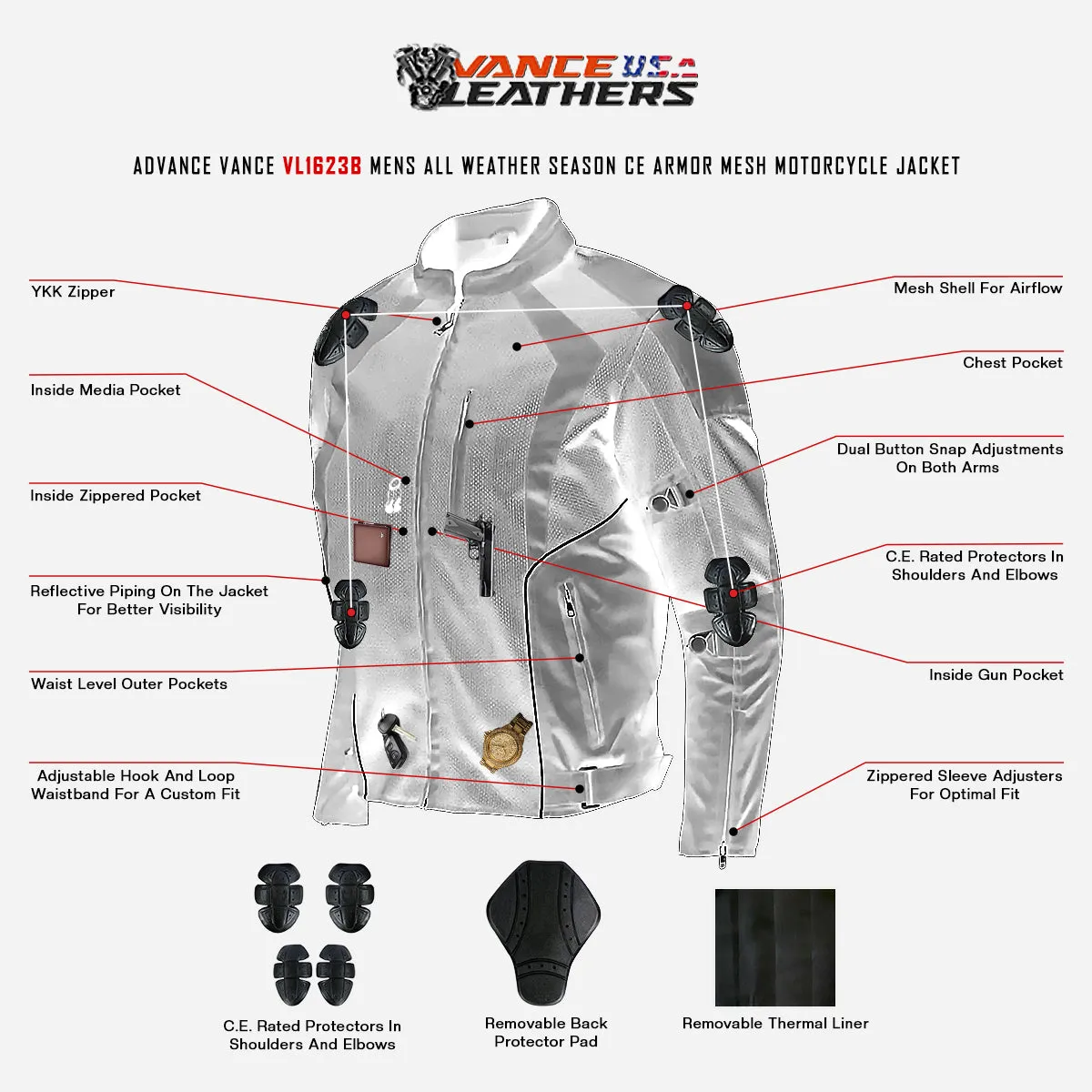 VL1623B Mens Black Mesh Motorcycle Jacket with CE Armor