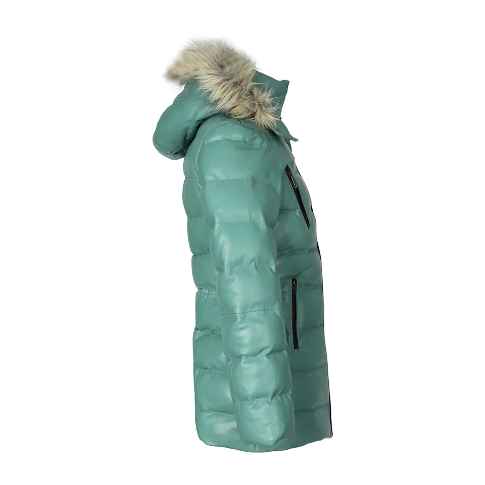 Womens Selina Puffer Leather Jacket with Fur Hoodie (Cyan)