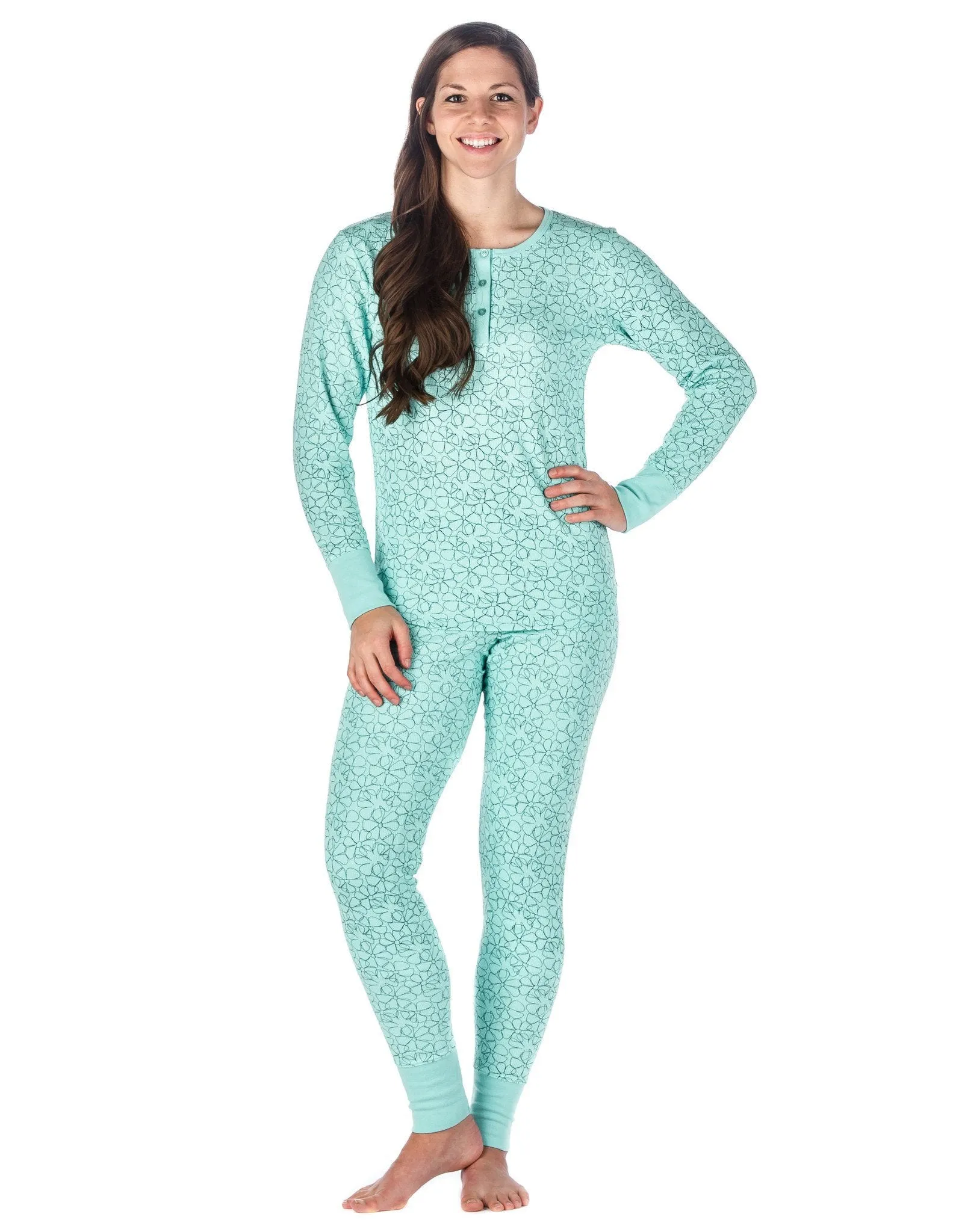 Women's Waffle Knit Thermal Sleep Set - Floral - Aqua