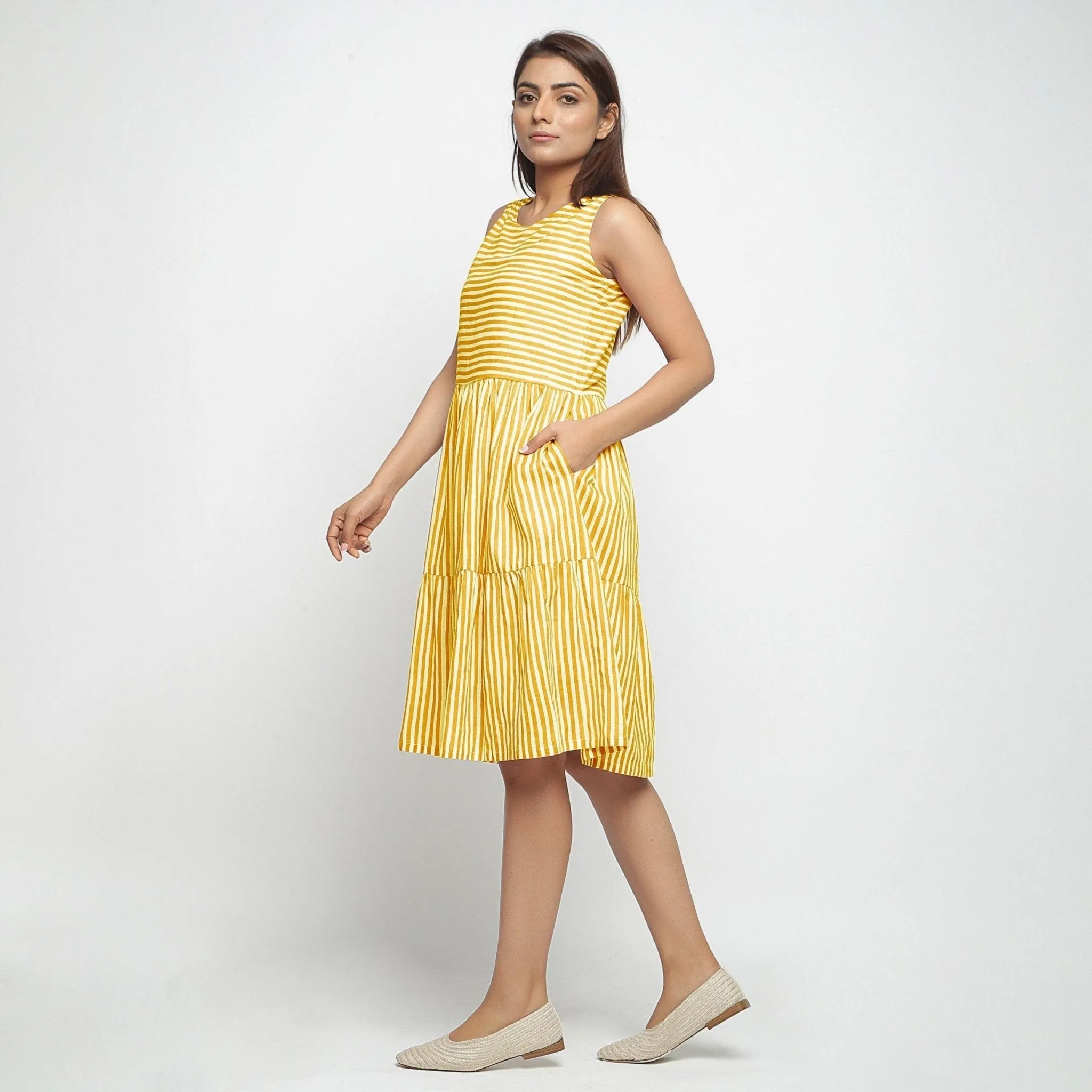 Yellow Hand Screen Print Cotton Knee Length Tiered Dress