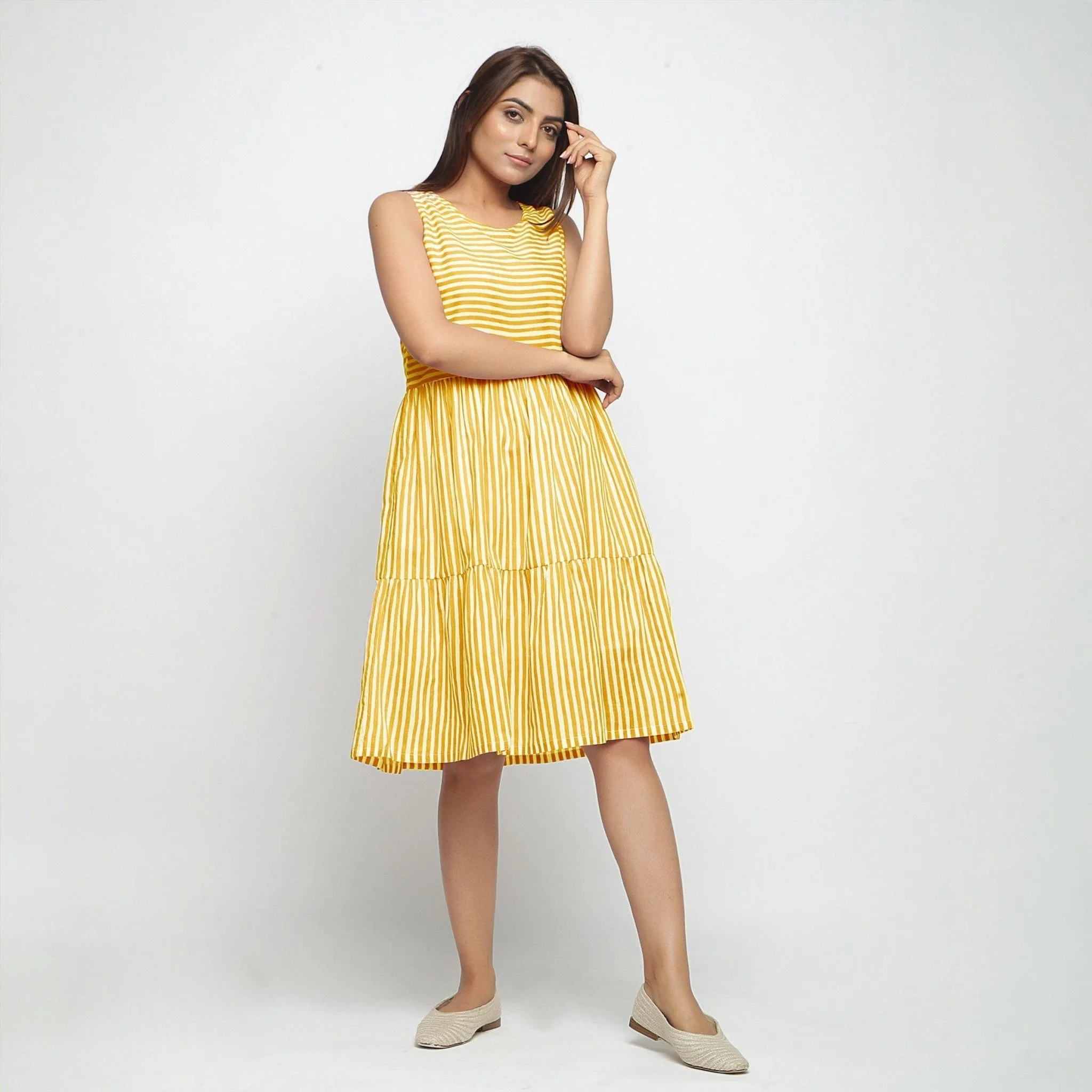 Yellow Hand Screen Print Cotton Knee Length Tiered Dress