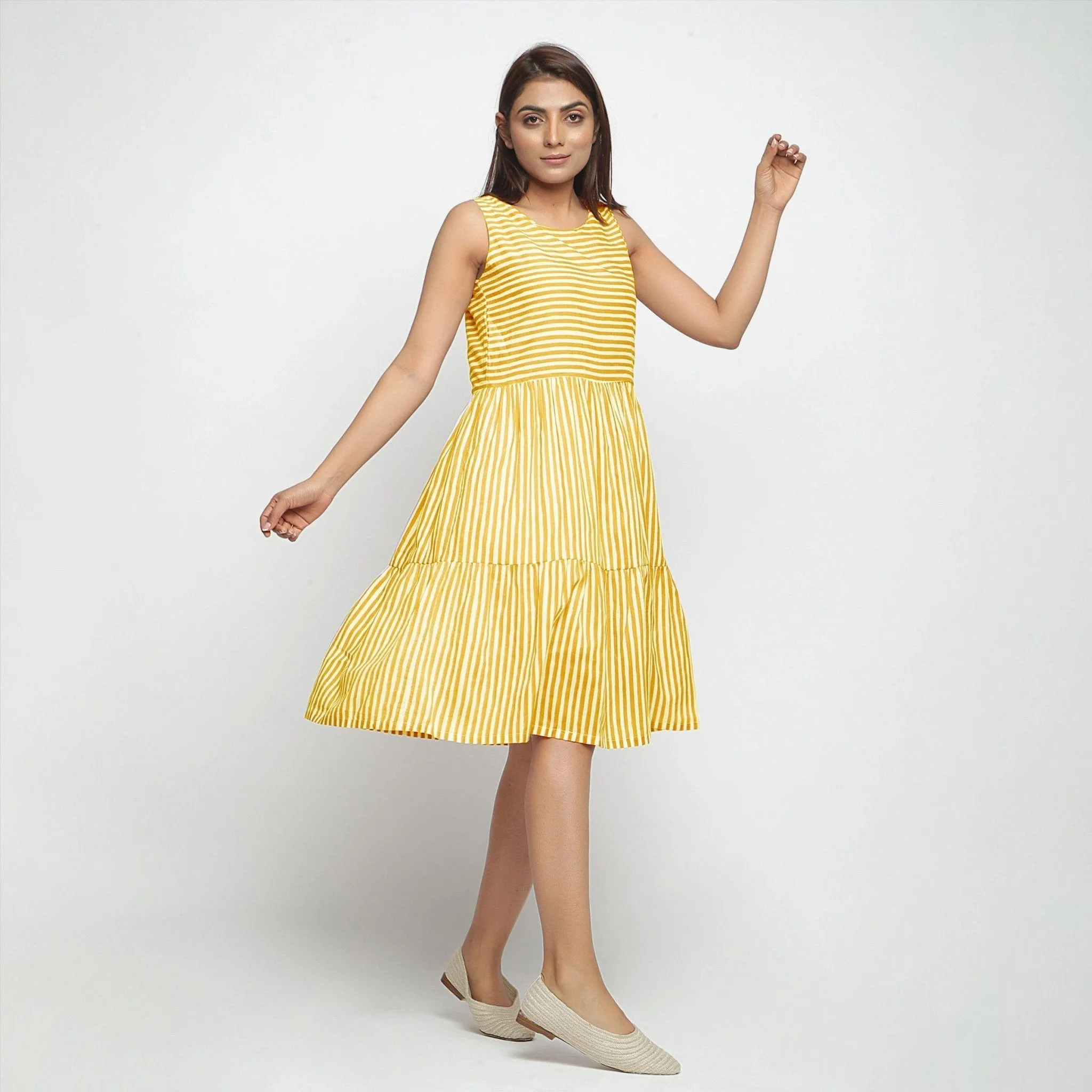 Yellow Hand Screen Print Cotton Knee Length Tiered Dress