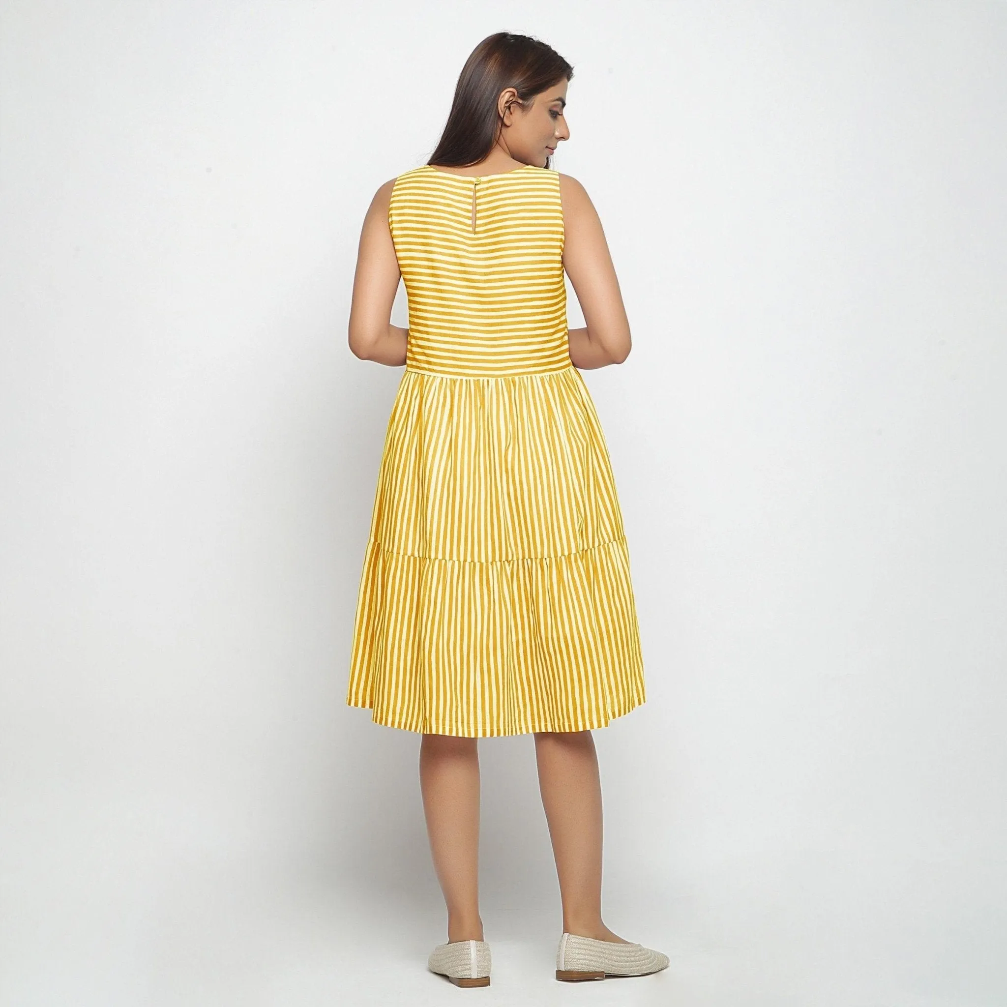 Yellow Hand Screen Print Cotton Knee Length Tiered Dress